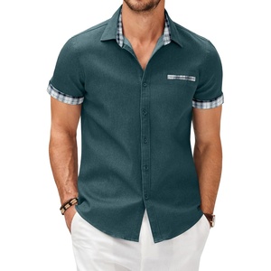 COOFANDY Men’s Cotton Casual Short Sleeve Button Down Shirt Plaid Collar Denim Work Shirts(A – Contrast Plaid Collar – Forest Green)
