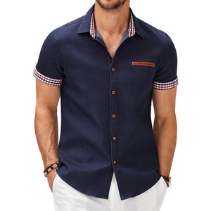 COOFANDY Men’s Cotton Casual Short Sleeve Button Down Shirt Plaid Collar Denim Work Shirts(A – Navy Blue – No Pocket)