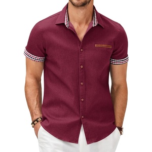 COOFANDY Men’s Cotton Casual Short Sleeve Button Down Shirt Plaid Collar Denim Work Shirts(A – Wine Red – No Pocket)