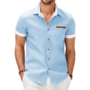 COOFANDY Men’s Cotton Casual Short Sleeve Button Down Shirt Plaid Collar Denim Work Shirts(B – Clear Blue – No Pocket)