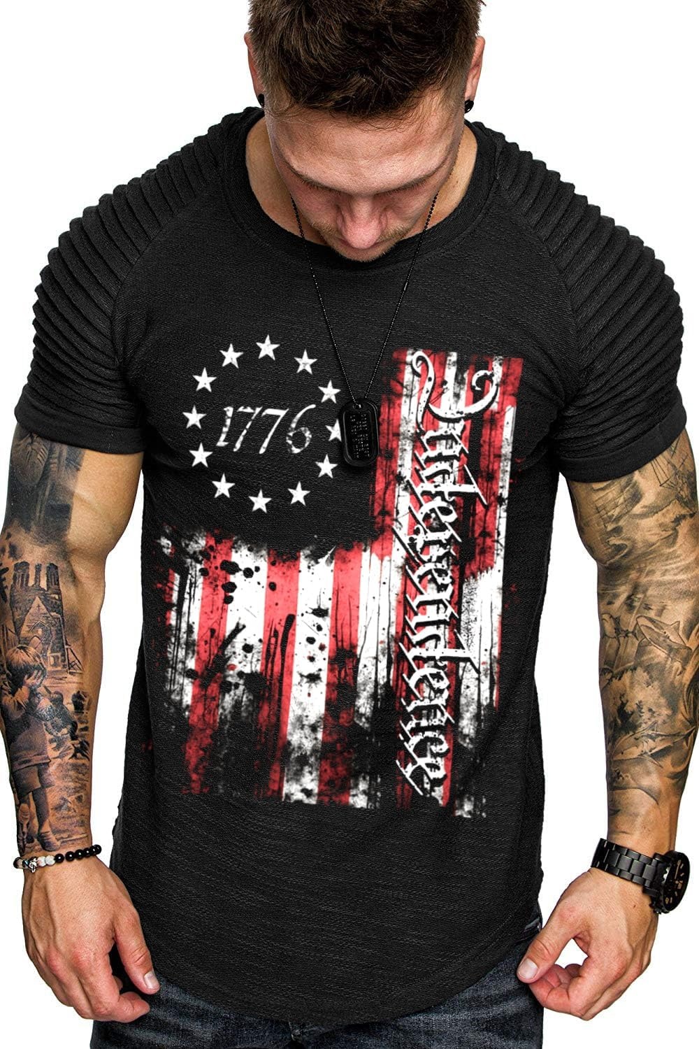image:imageCOOFANDY Mens Muscle TShirt Pleated Raglan Sleeve Bodybuilding Gym Tee Short Sleeve Fashion Workout Shirts Hipster ShirtIndependence Day Series1