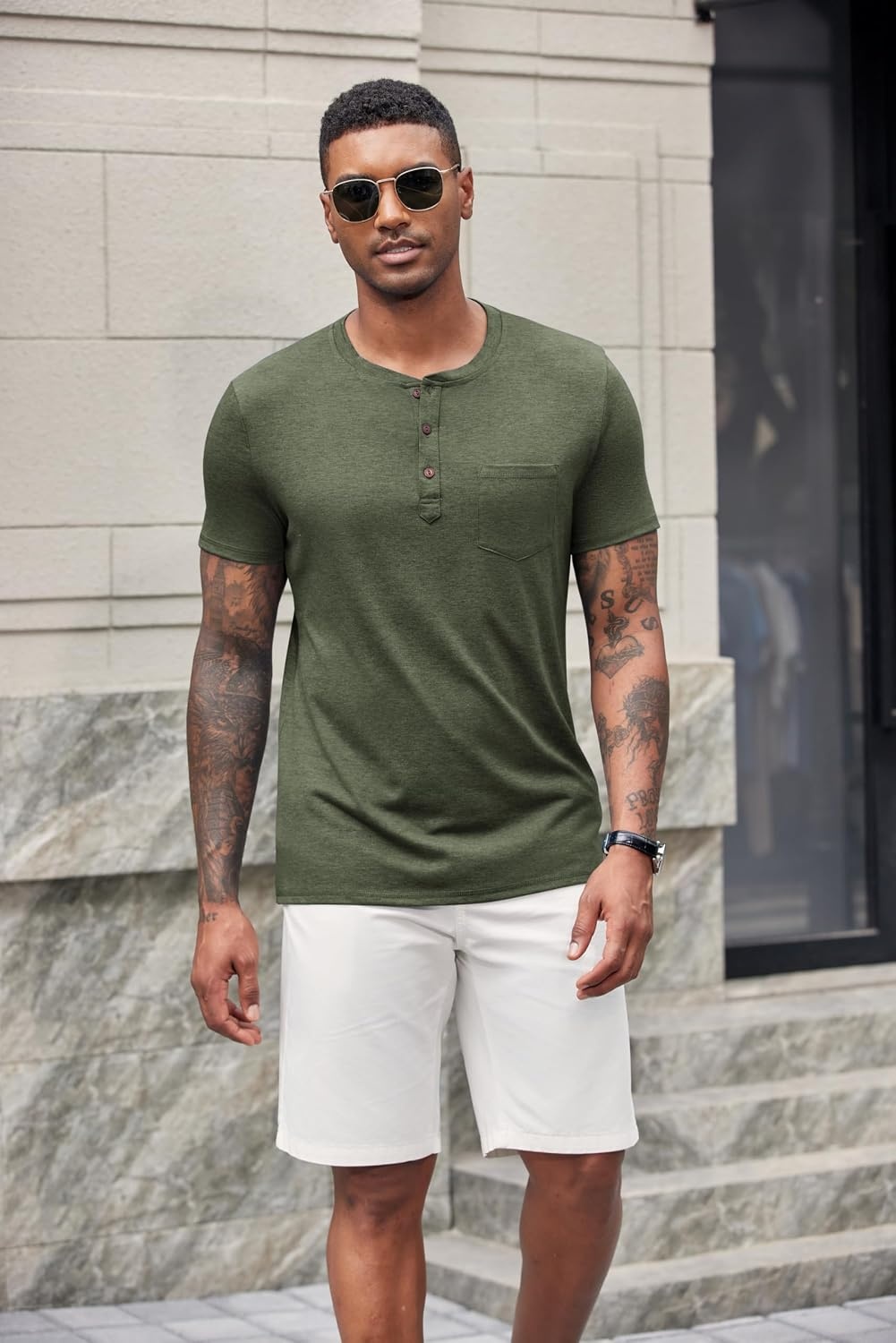 image:imageCOOFANDY Mens Soft Henley Short Sleeve T Shirts Casual Basic Shirt with Pocket 3 Button Tees Summer TopsArmy Green