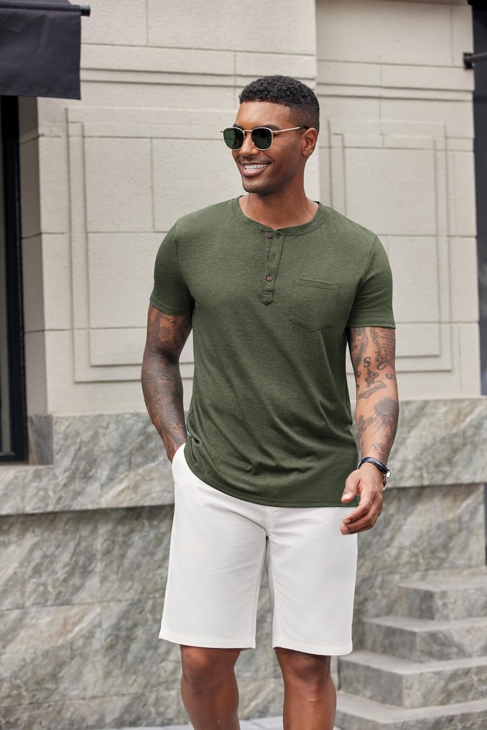 image:imageCOOFANDY Mens Soft Henley Short Sleeve T Shirts Casual Basic Shirt with Pocket 3 Button Tees Summer TopsArmy Green
