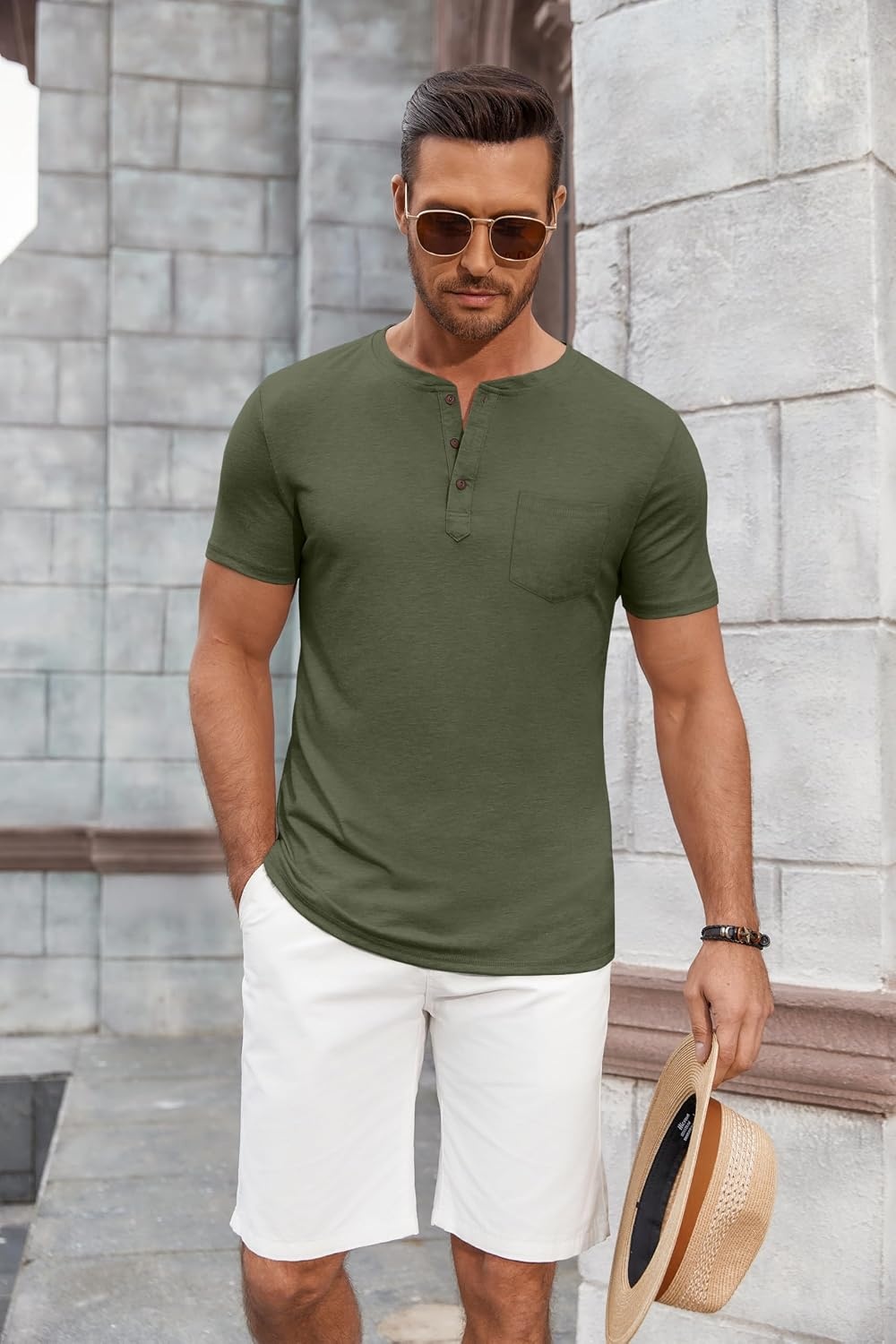 image:imageCOOFANDY Mens Soft Henley Short Sleeve T Shirts Casual Basic Shirt with Pocket 3 Button Tees Summer TopsArmy Green
