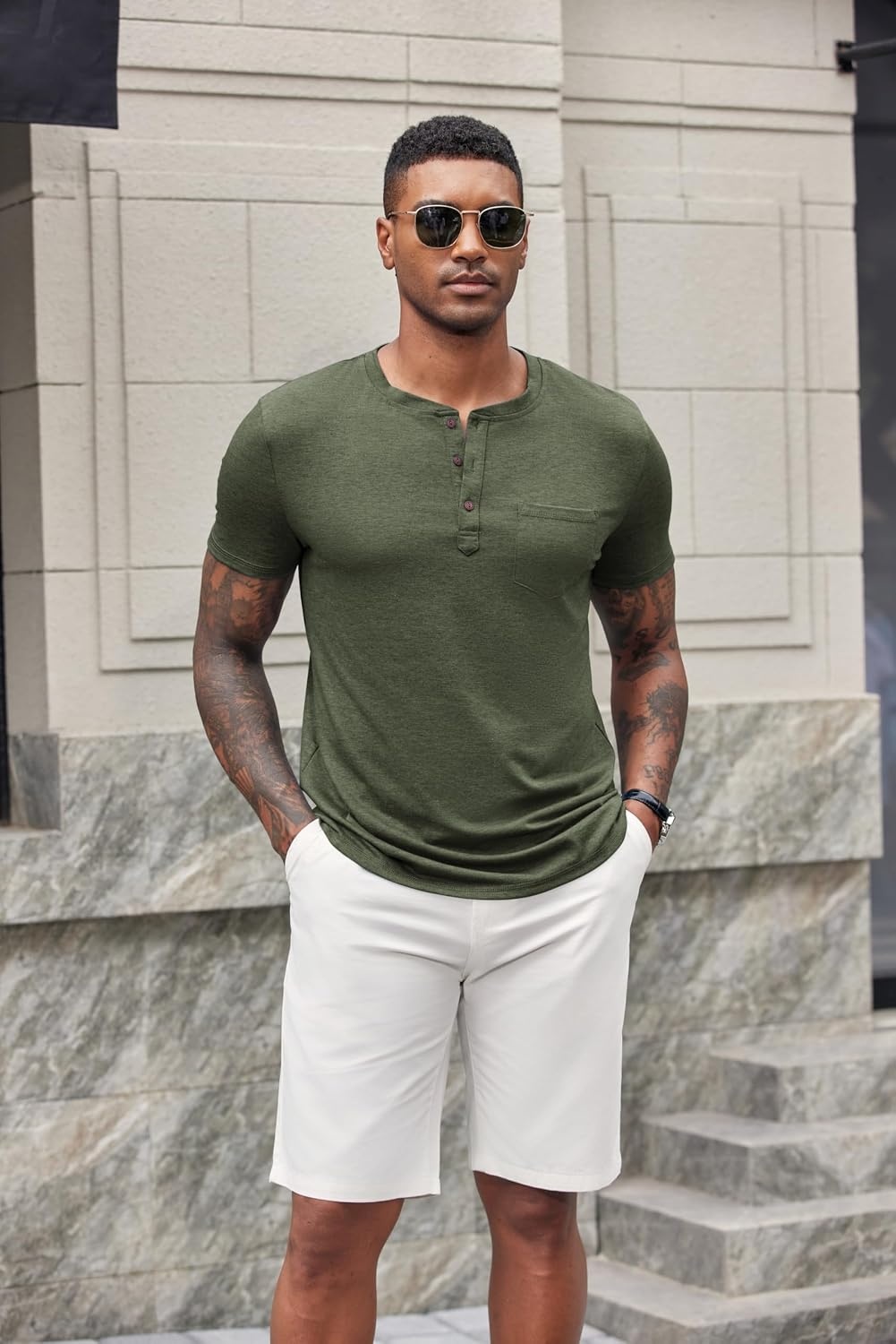 image:imageCOOFANDY Mens Soft Henley Short Sleeve T Shirts Casual Basic Shirt with Pocket 3 Button Tees Summer TopsArmy Green