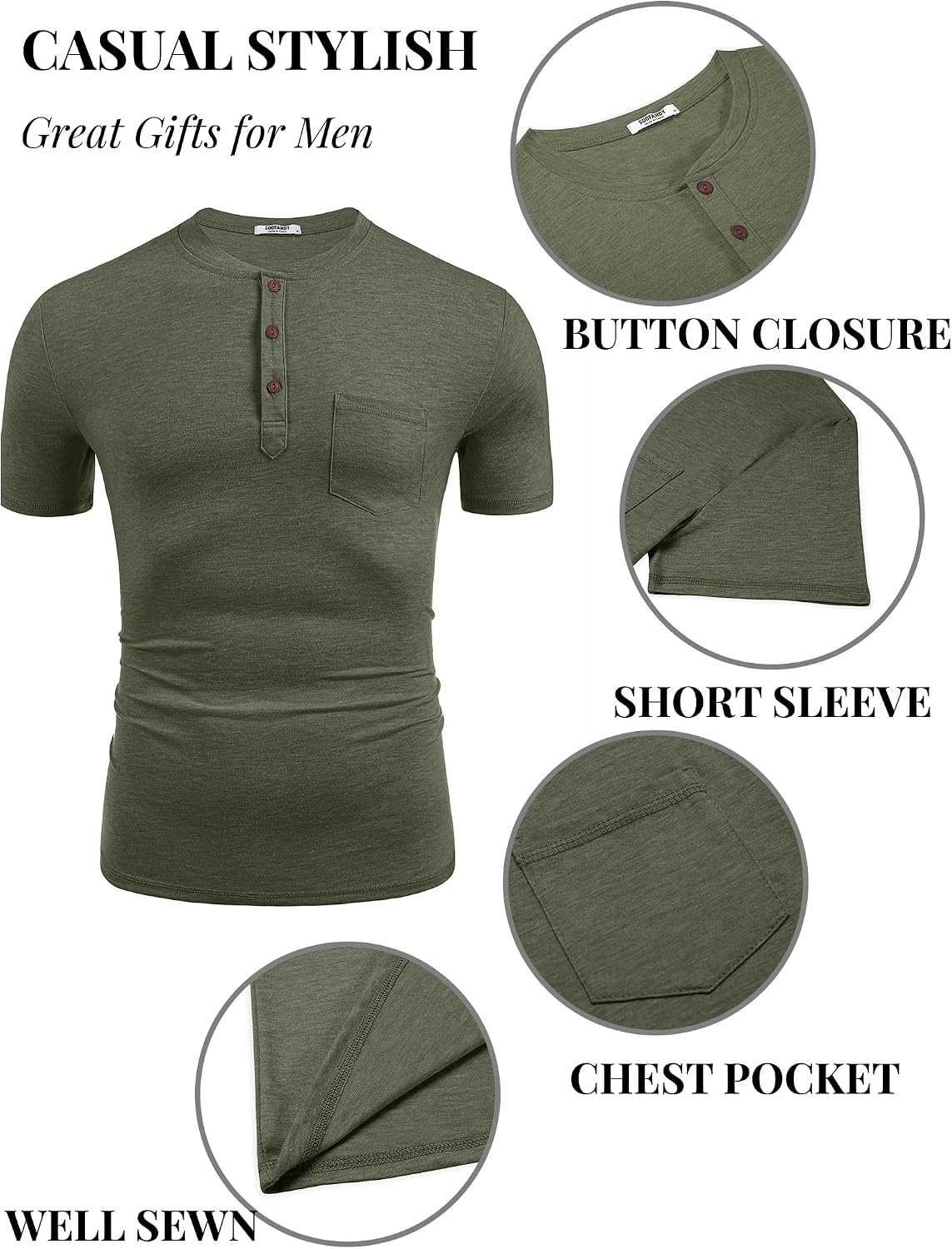 image:imageCOOFANDY Mens Soft Henley Short Sleeve T Shirts Casual Basic Shirt with Pocket 3 Button Tees Summer TopsArmy Green
