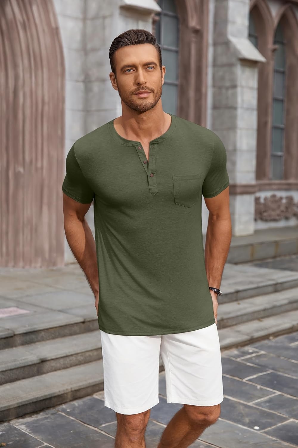 image:imageCOOFANDY Mens Soft Henley Short Sleeve T Shirts Casual Basic Shirt with Pocket 3 Button Tees Summer TopsArmy Green