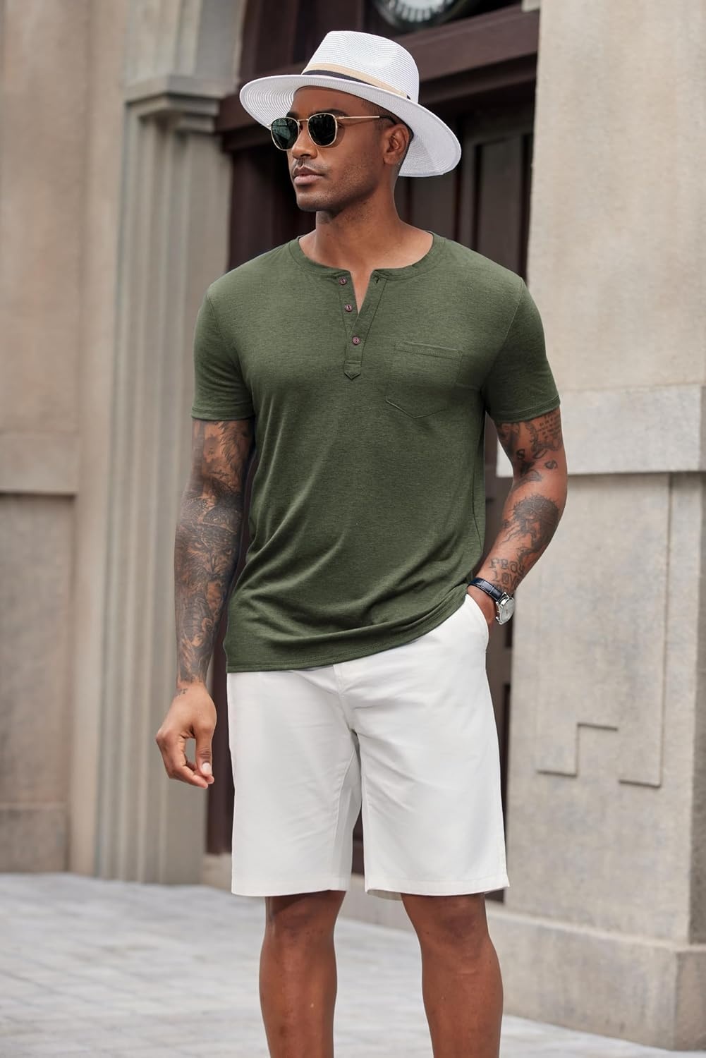 image:imageCOOFANDY Mens Soft Henley Short Sleeve T Shirts Casual Basic Shirt with Pocket 3 Button Tees Summer TopsArmy Green