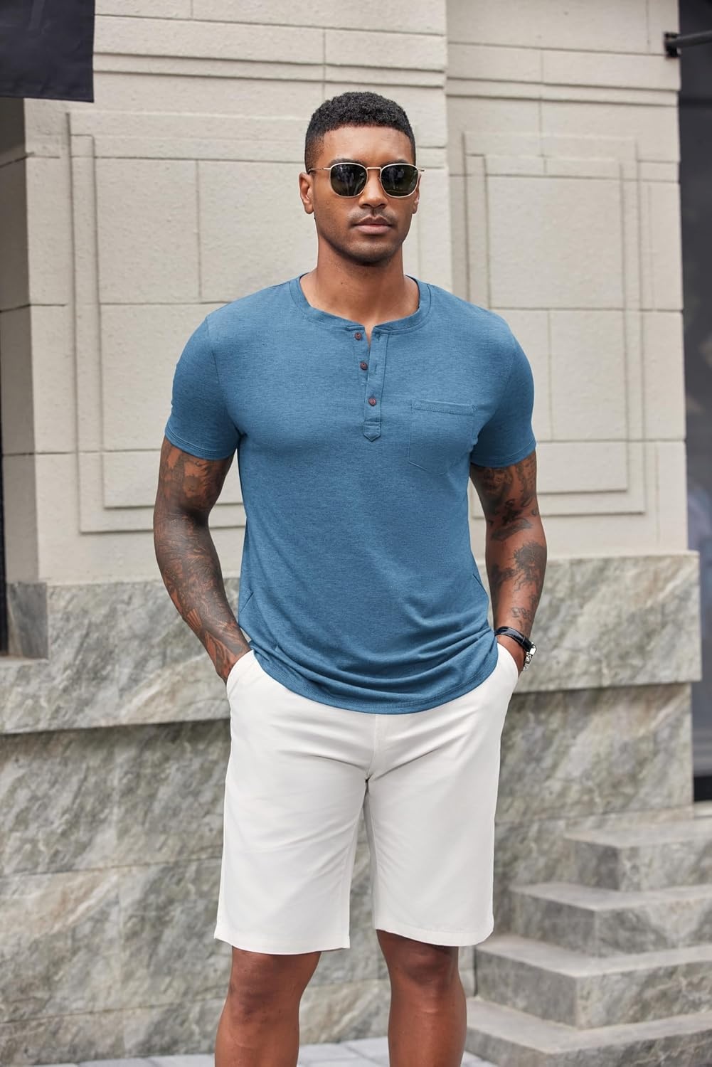 image:imageCOOFANDY Mens Soft Henley Short Sleeve T Shirts Casual Basic Shirt with Pocket 3 Button Tees Summer TopsDemin Blue