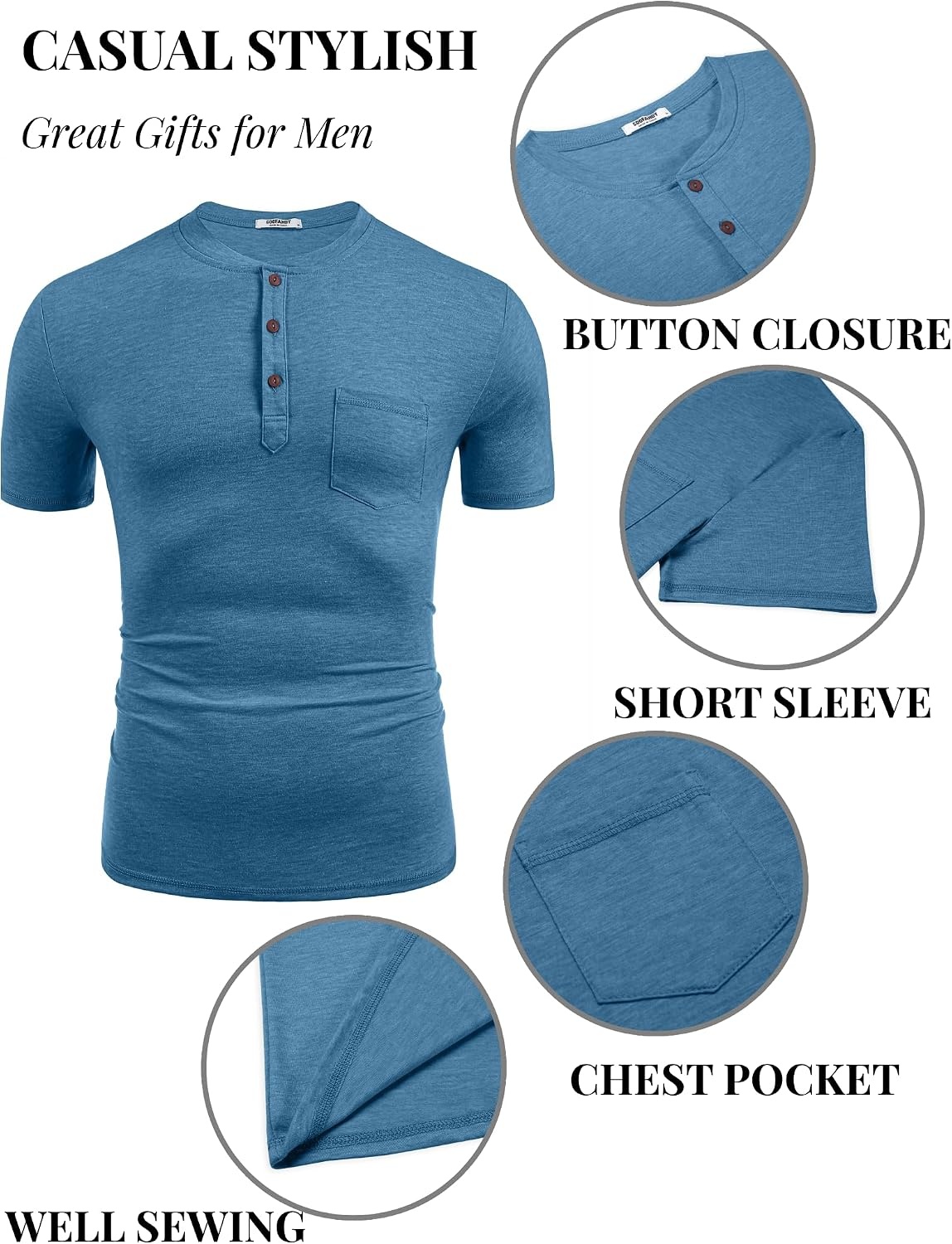 image:imageCOOFANDY Mens Soft Henley Short Sleeve T Shirts Casual Basic Shirt with Pocket 3 Button Tees Summer TopsDemin Blue