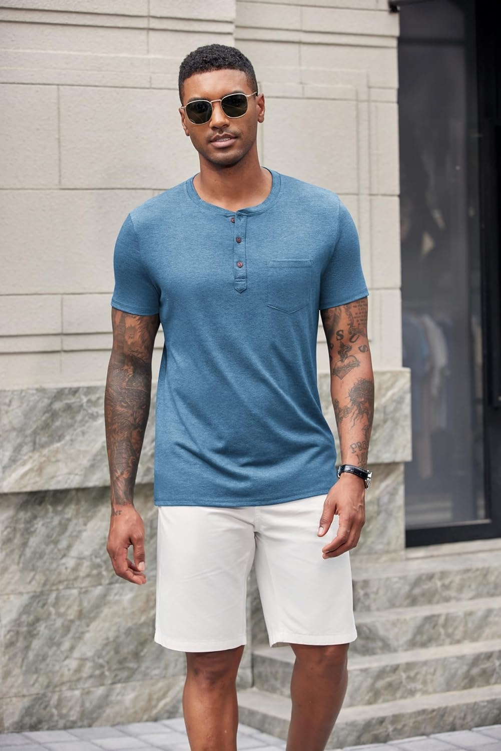 image:imageCOOFANDY Mens Soft Henley Short Sleeve T Shirts Casual Basic Shirt with Pocket 3 Button Tees Summer TopsDemin Blue