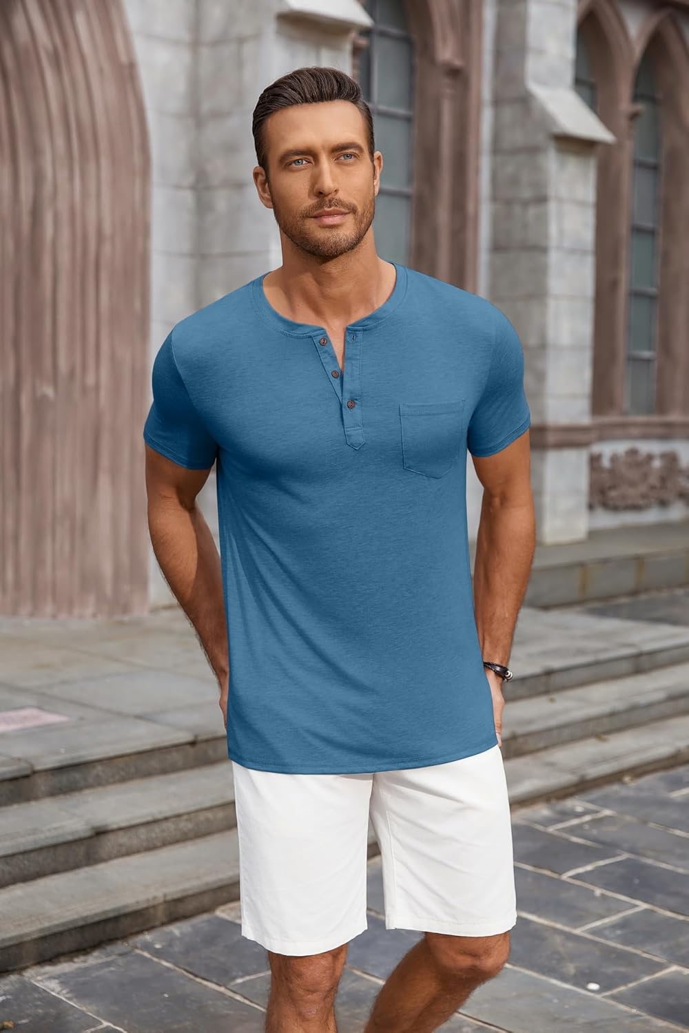 image:imageCOOFANDY Mens Soft Henley Short Sleeve T Shirts Casual Basic Shirt with Pocket 3 Button Tees Summer TopsDemin Blue