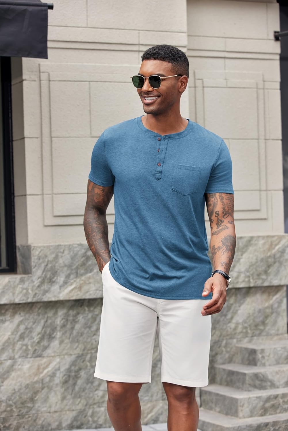 image:imageCOOFANDY Mens Soft Henley Short Sleeve T Shirts Casual Basic Shirt with Pocket 3 Button Tees Summer TopsDemin Blue