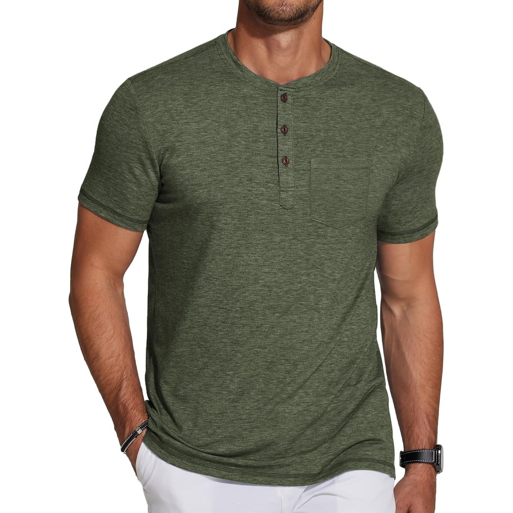 image:imageCOOFANDY Mens Soft Henley Short Sleeve T Shirts Casual Basic Shirt with Pocket 3 Button Tees Summer TopsArmy Green