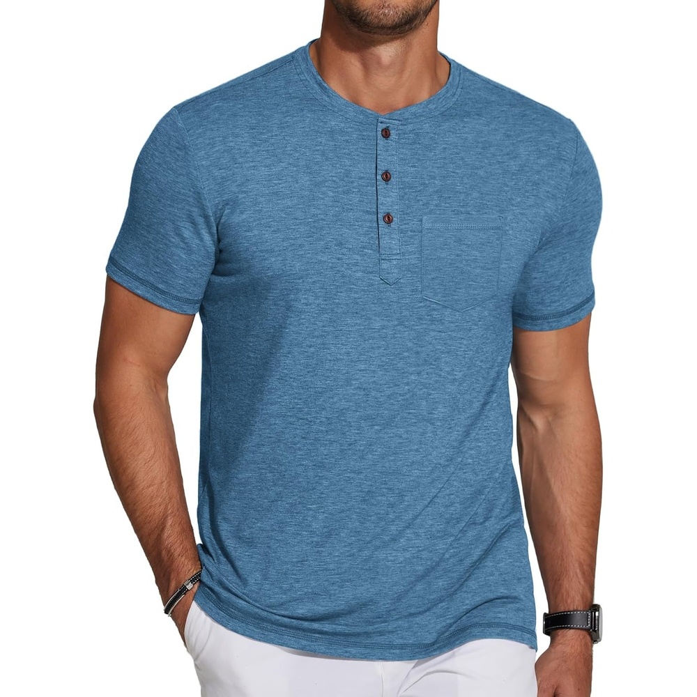 image:imageCOOFANDY Mens Soft Henley Short Sleeve T Shirts Casual Basic Shirt with Pocket 3 Button Tees Summer TopsDemin Blue