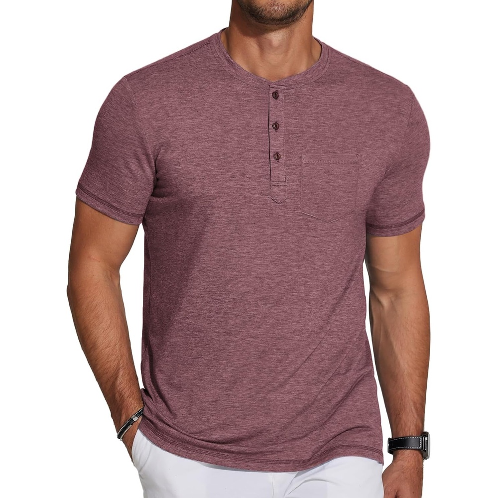 image:imageCOOFANDY Mens Soft Henley Short Sleeve T Shirts Casual Basic Shirt with Pocket 3 Button Tees Summer TopsWine Red