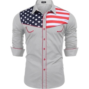 COOFANDY Men’s American Flag Button Down Shirts Western Cowboy Shirt Slim Fit Patriotic Long Sleeve Shirt(Light Grey)