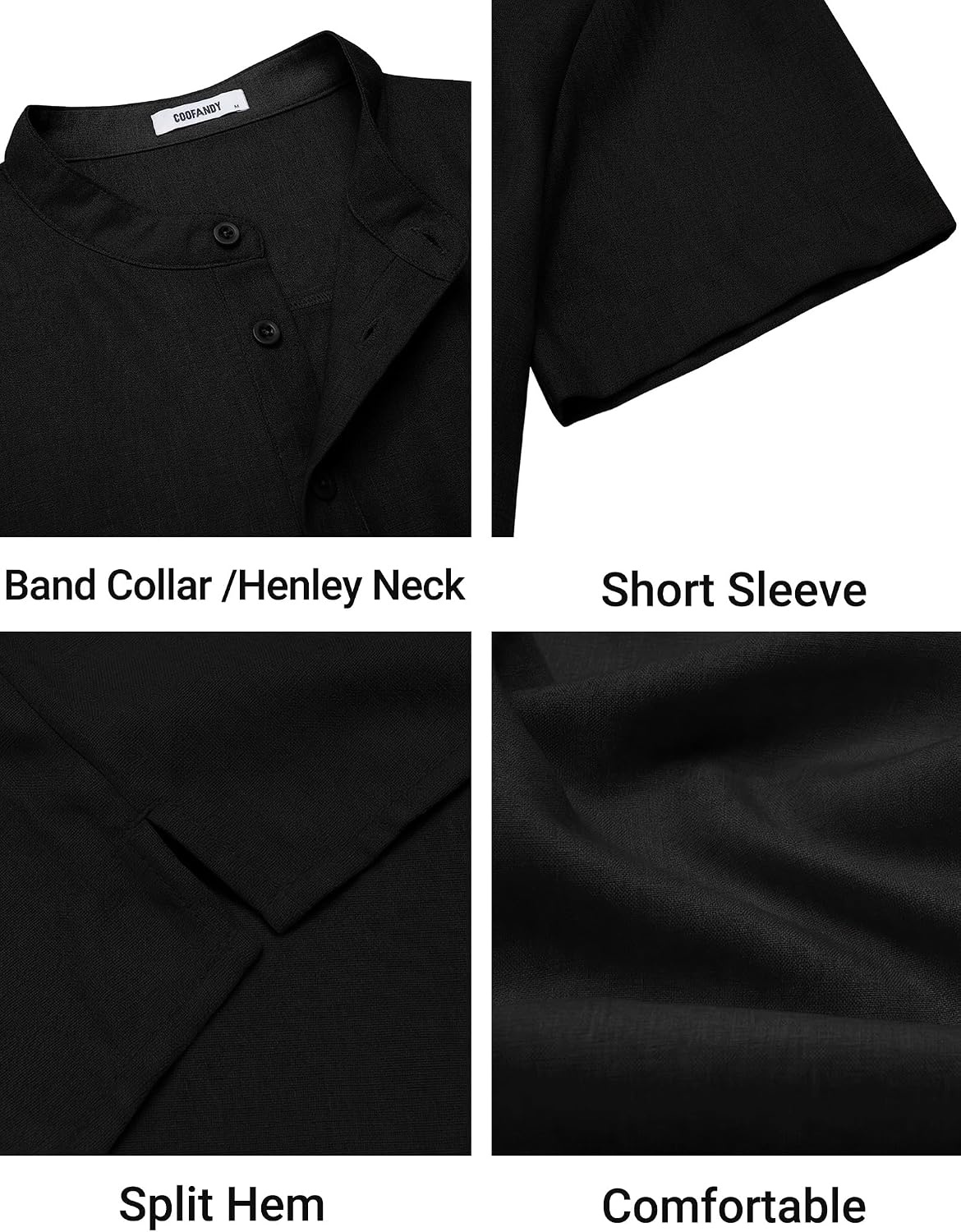 image:imageCOOFANDY Mens Casual Henley Shirt Band Collar Short Sleeve Shirt for Mens Summer Beach TShirts VacationBlack