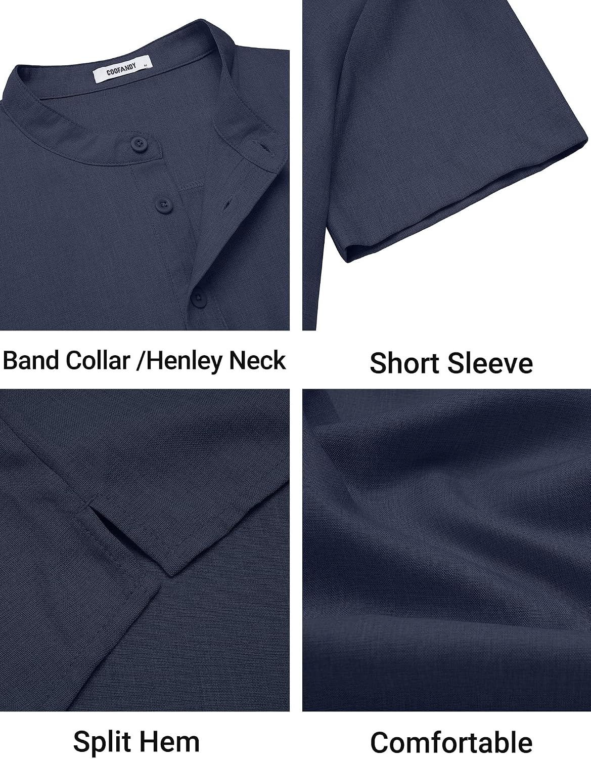 image:imageCOOFANDY Mens Casual Henley Shirt Band Collar Short Sleeve Shirt for Mens Summer Beach TShirts VacationDark Blue