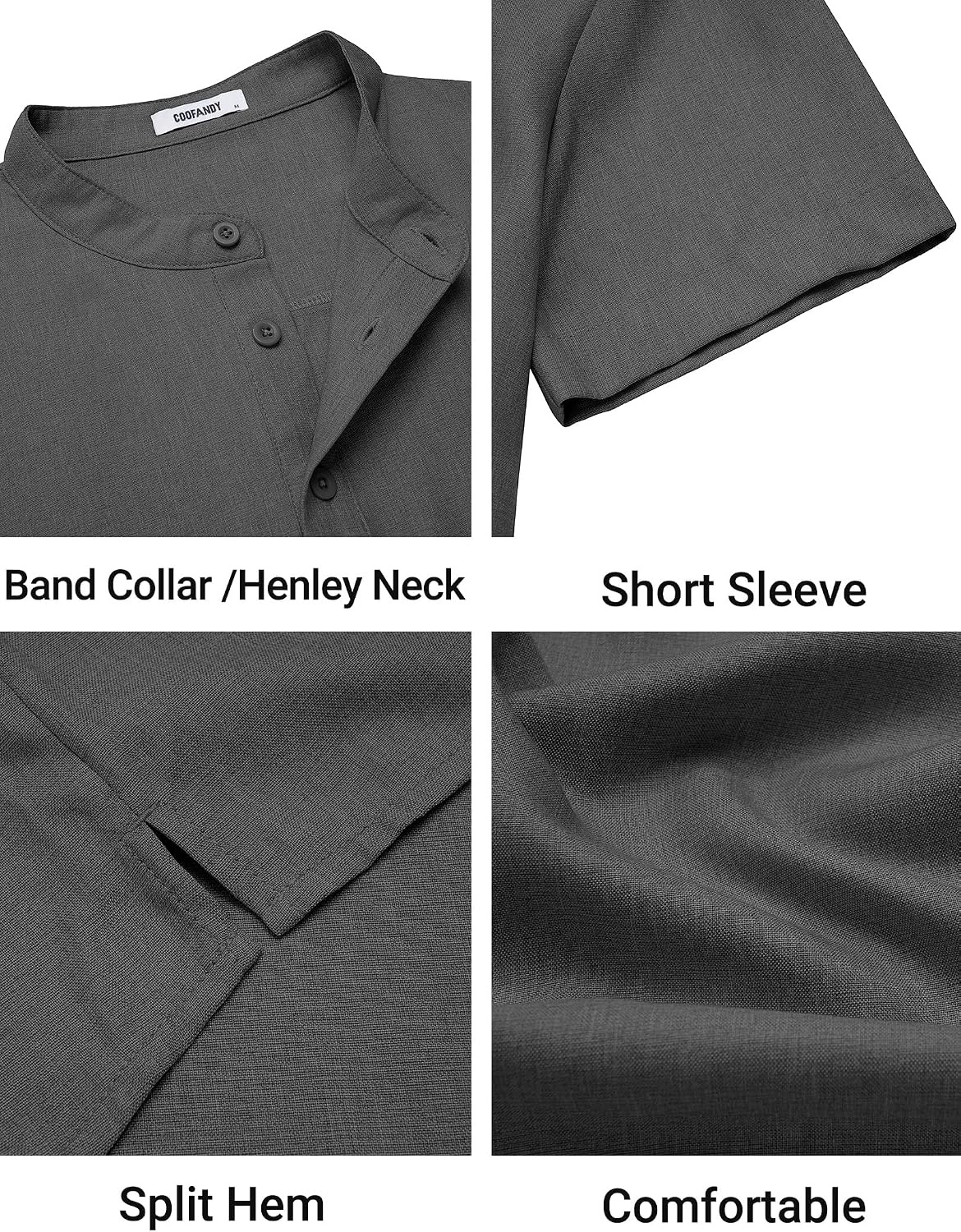image:imageCOOFANDY Mens Casual Henley Shirt Band Collar Short Sleeve Shirt for Mens Summer Beach TShirts VacationDark Gray