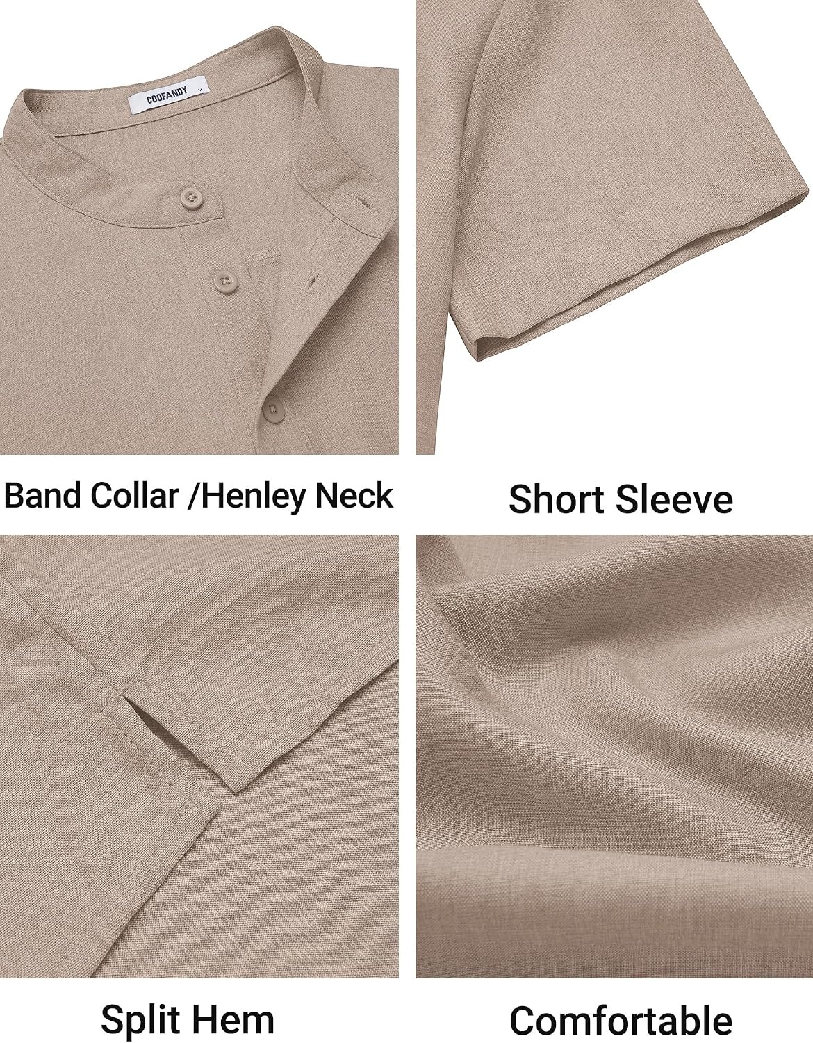image:imageCOOFANDY Mens Casual Henley Shirt Band Collar Short Sleeve Shirt for Mens Summer Beach TShirts VacationKakhi