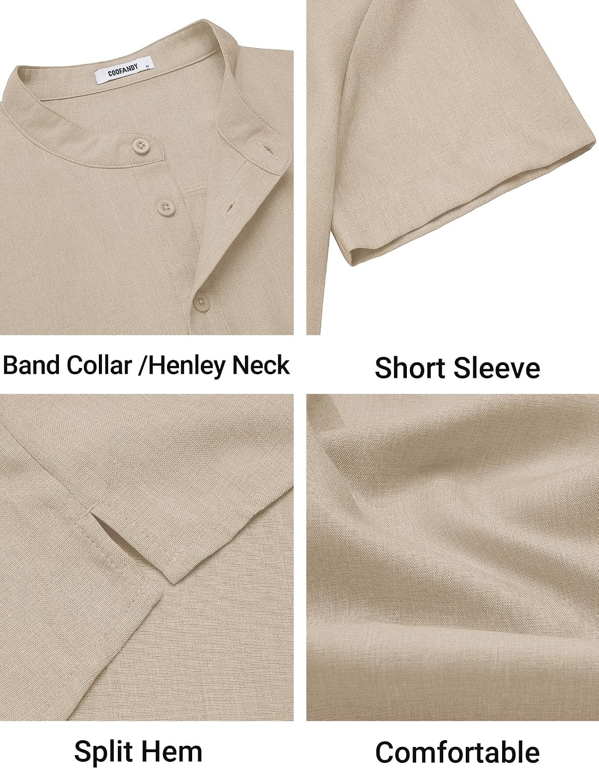 image:imageCOOFANDY Mens Casual Henley Shirt Band Collar Short Sleeve Shirt for Mens Summer Beach TShirts VacationLight Brown