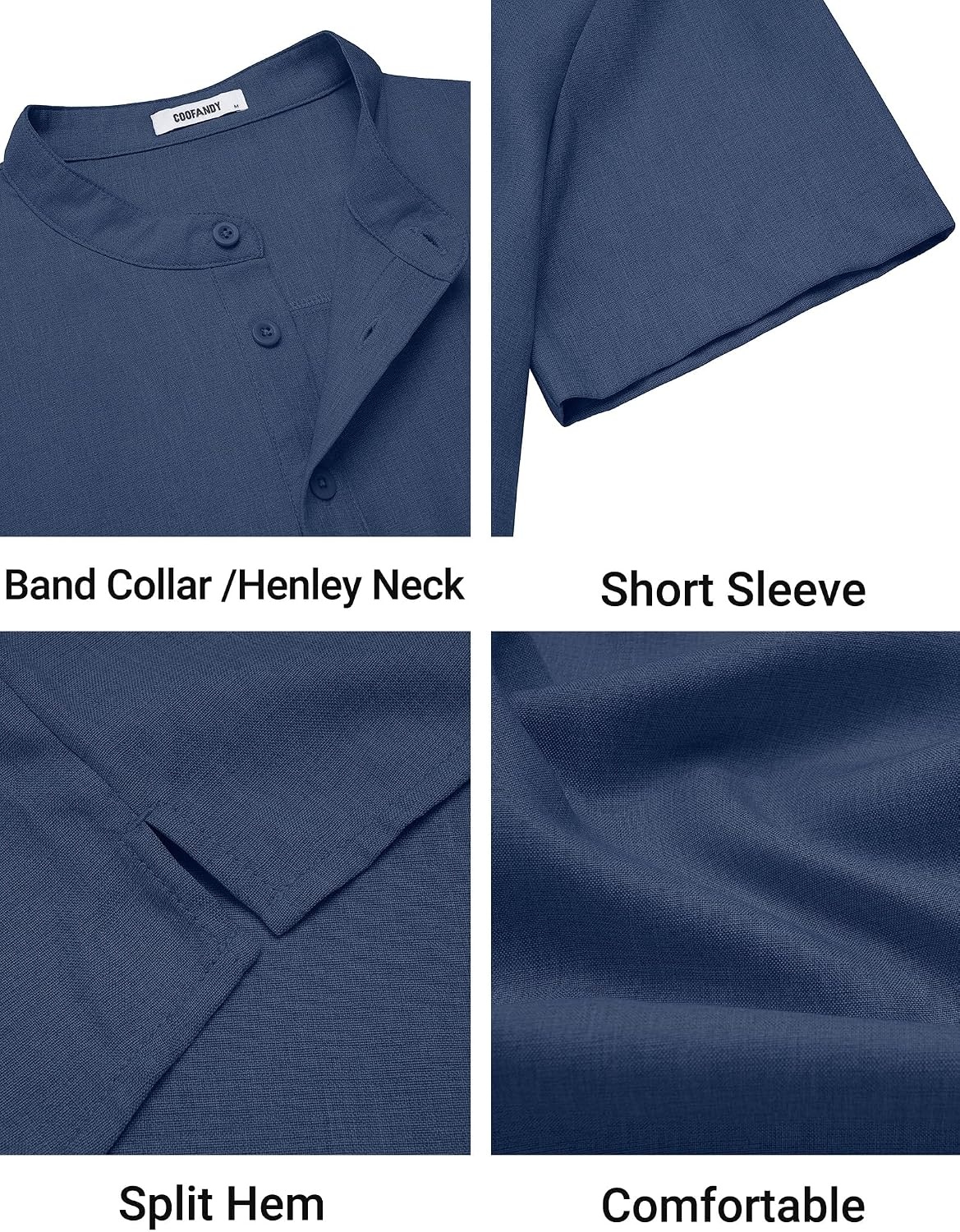 image:imageCOOFANDY Mens Casual Henley Shirt Band Collar Short Sleeve Shirt for Mens Summer Beach TShirts VacationNavy Blue