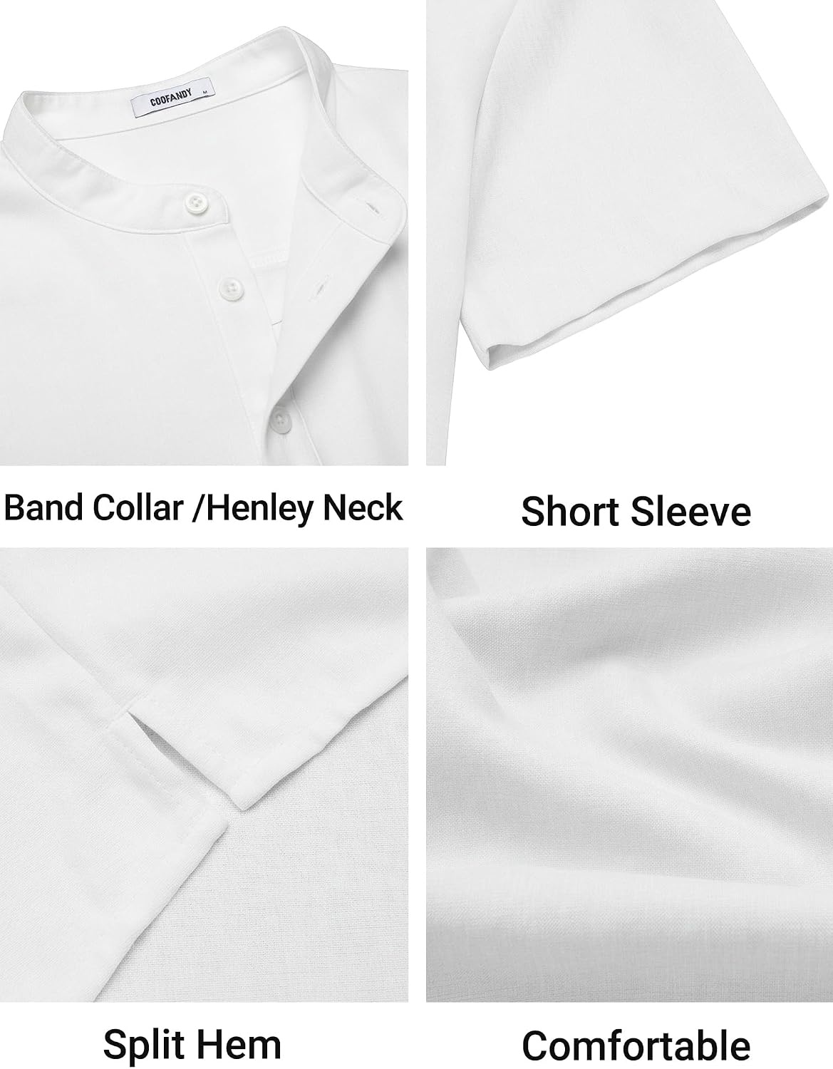 image:imageCOOFANDY Mens Casual Henley Shirt Band Collar Short Sleeve Shirt for Mens Summer Beach TShirts VacationWhite