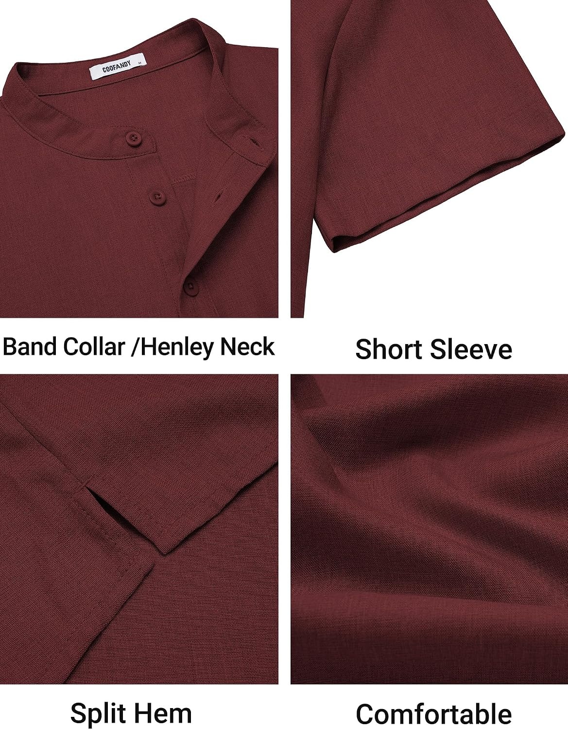 image:imageCOOFANDY Mens Casual Henley Shirt Band Collar Short Sleeve Shirt for Mens Summer Beach TShirts VacationWine Red
