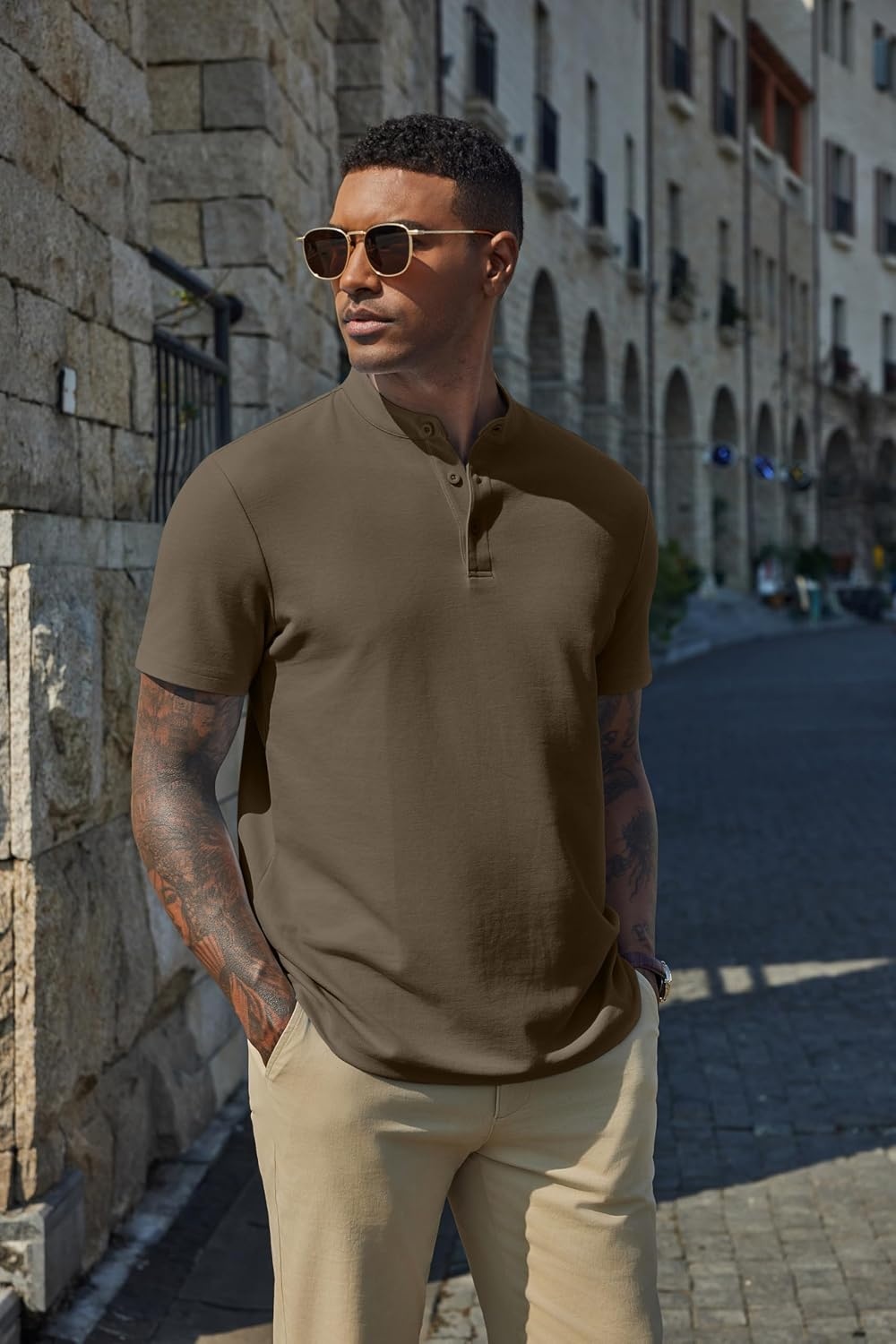 image:imageCOOFANDY Mens Casual Henley Shirt Short Sleeve Cotton Pique Band Collar Shirt Summer Button Basic Tee ShirtsArmy Green