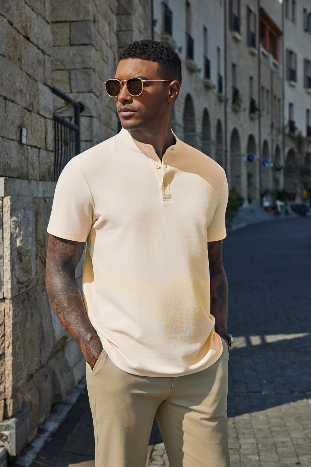 image:imageCOOFANDY Mens Casual Henley Shirt Short Sleeve Cotton Pique Band Collar Shirt Summer Button Basic Tee ShirtsBeige