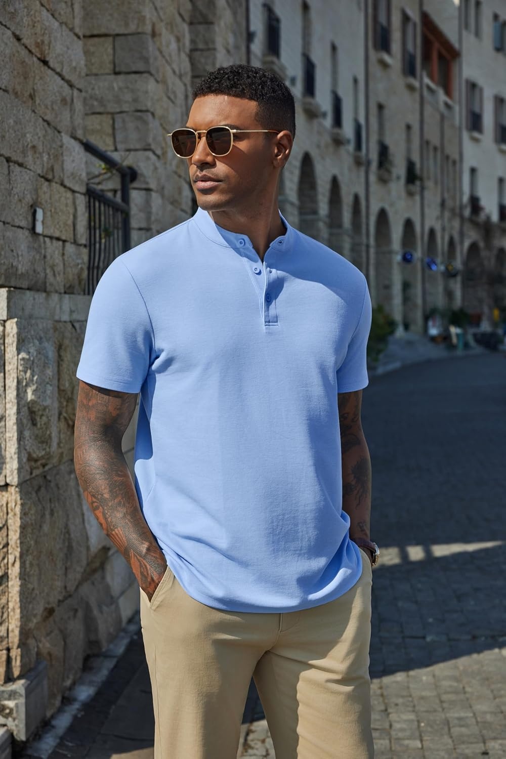 image:imageCOOFANDY Mens Casual Henley Shirt Short Sleeve Cotton Pique Band Collar Shirt Summer Button Basic Tee ShirtsBlue