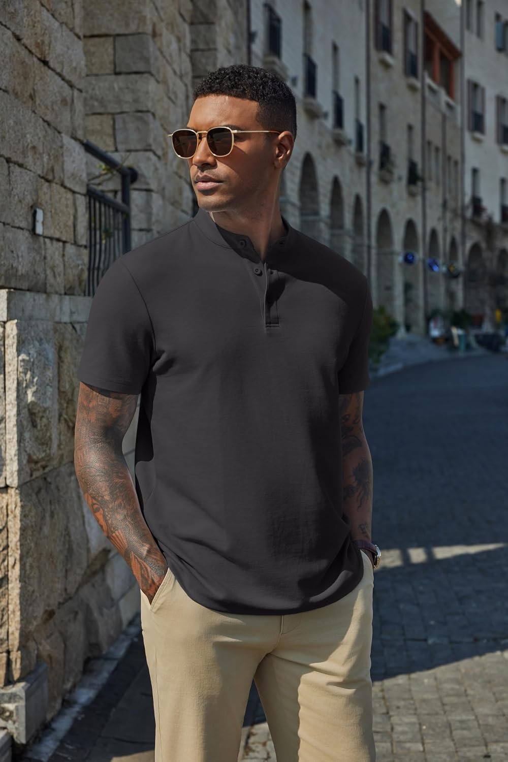 image:imageCOOFANDY Mens Casual Henley Shirt Short Sleeve Cotton Pique Band Collar Shirt Summer Button Basic Tee ShirtsDark Gray