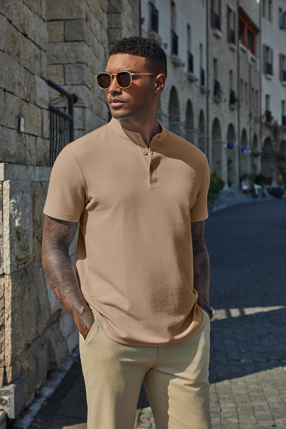 image:imageCOOFANDY Mens Casual Henley Shirt Short Sleeve Cotton Pique Band Collar Shirt Summer Button Basic Tee ShirtsKhaki