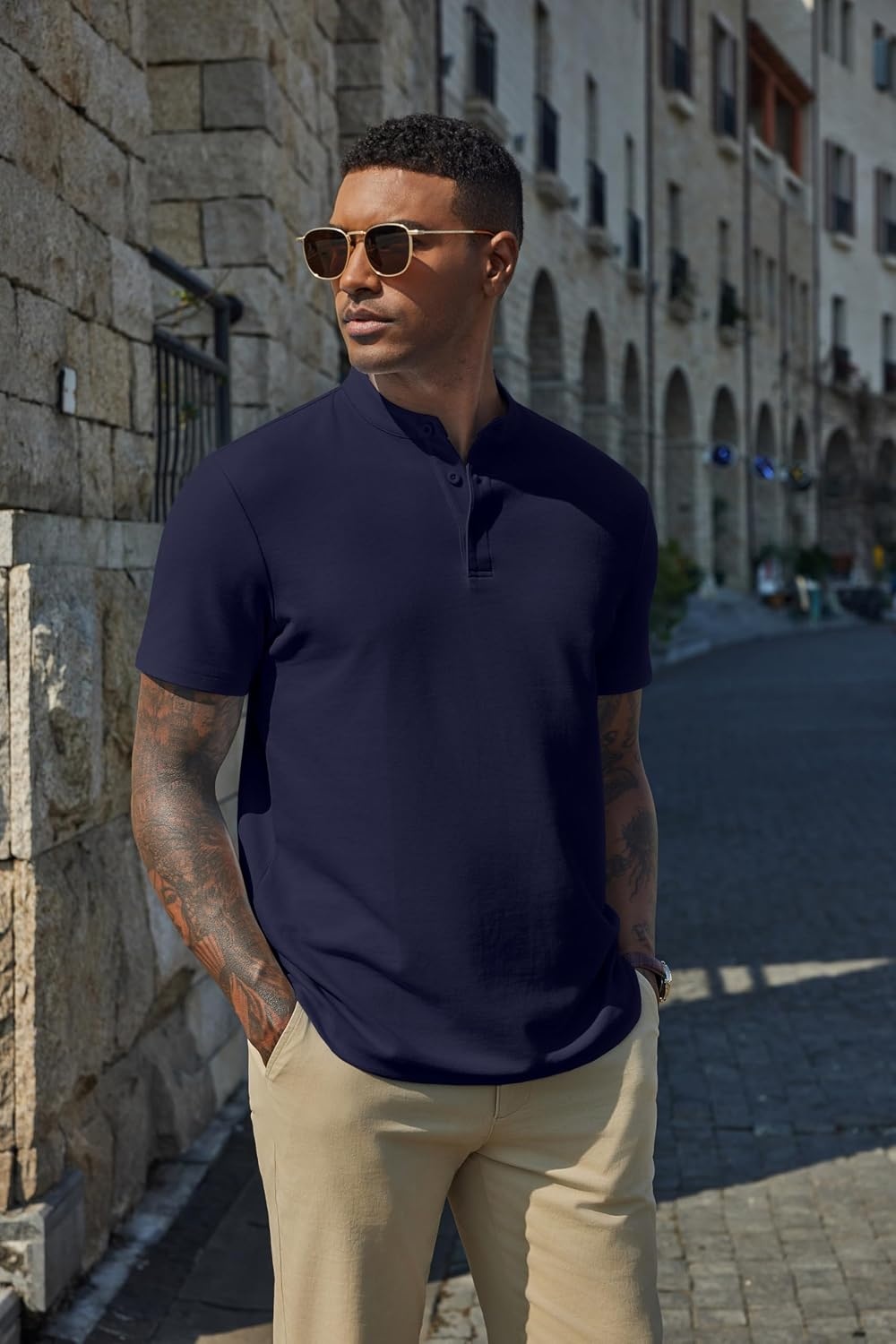 image:imageCOOFANDY Mens Casual Henley Shirt Short Sleeve Cotton Pique Band Collar Shirt Summer Button Basic Tee ShirtsNavy Blue