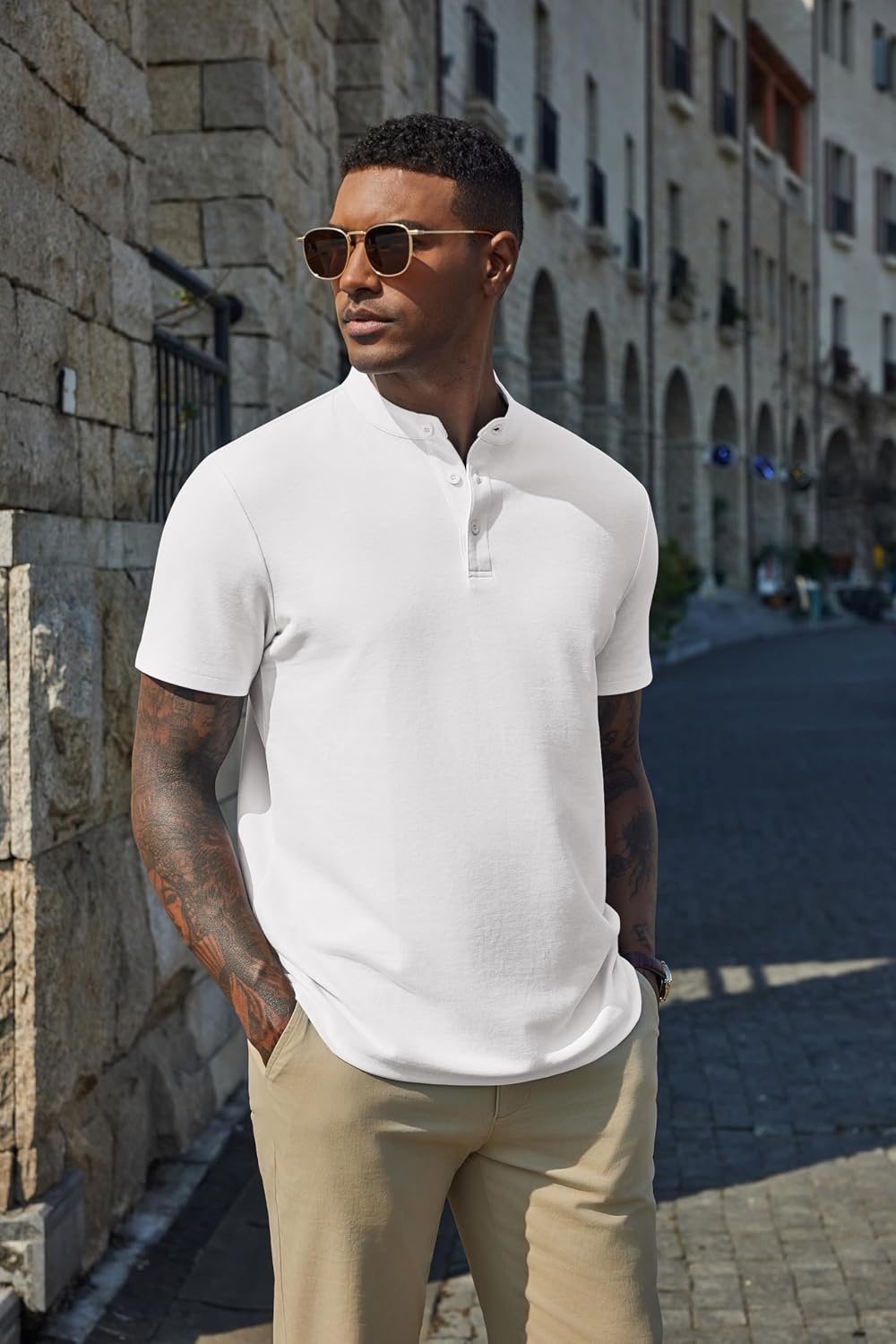 image:imageCOOFANDY Mens Casual Henley Shirt Short Sleeve Cotton Pique Band Collar Shirt Summer Button Basic Tee ShirtsWhite