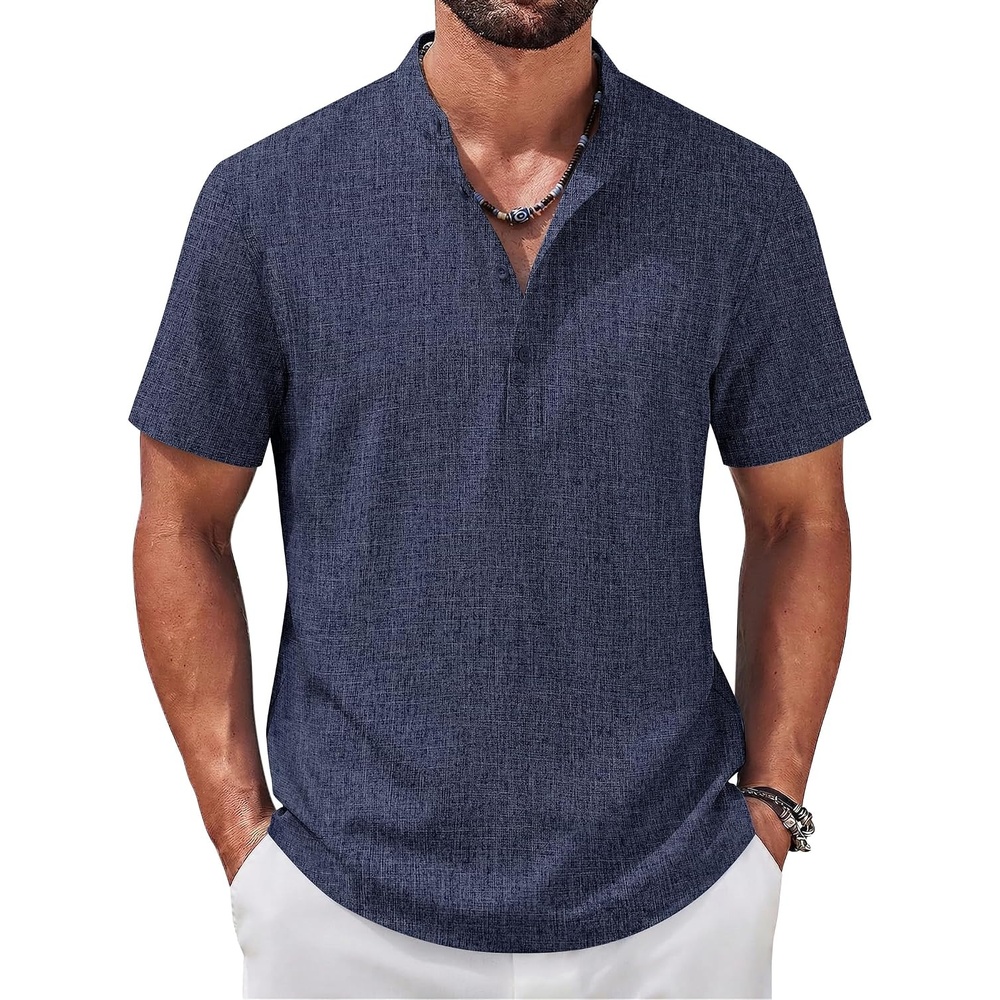 image:imageCOOFANDY Mens Casual Henley Shirt Band Collar Short Sleeve Shirt for Mens Summer Beach TShirts VacationDark Blue