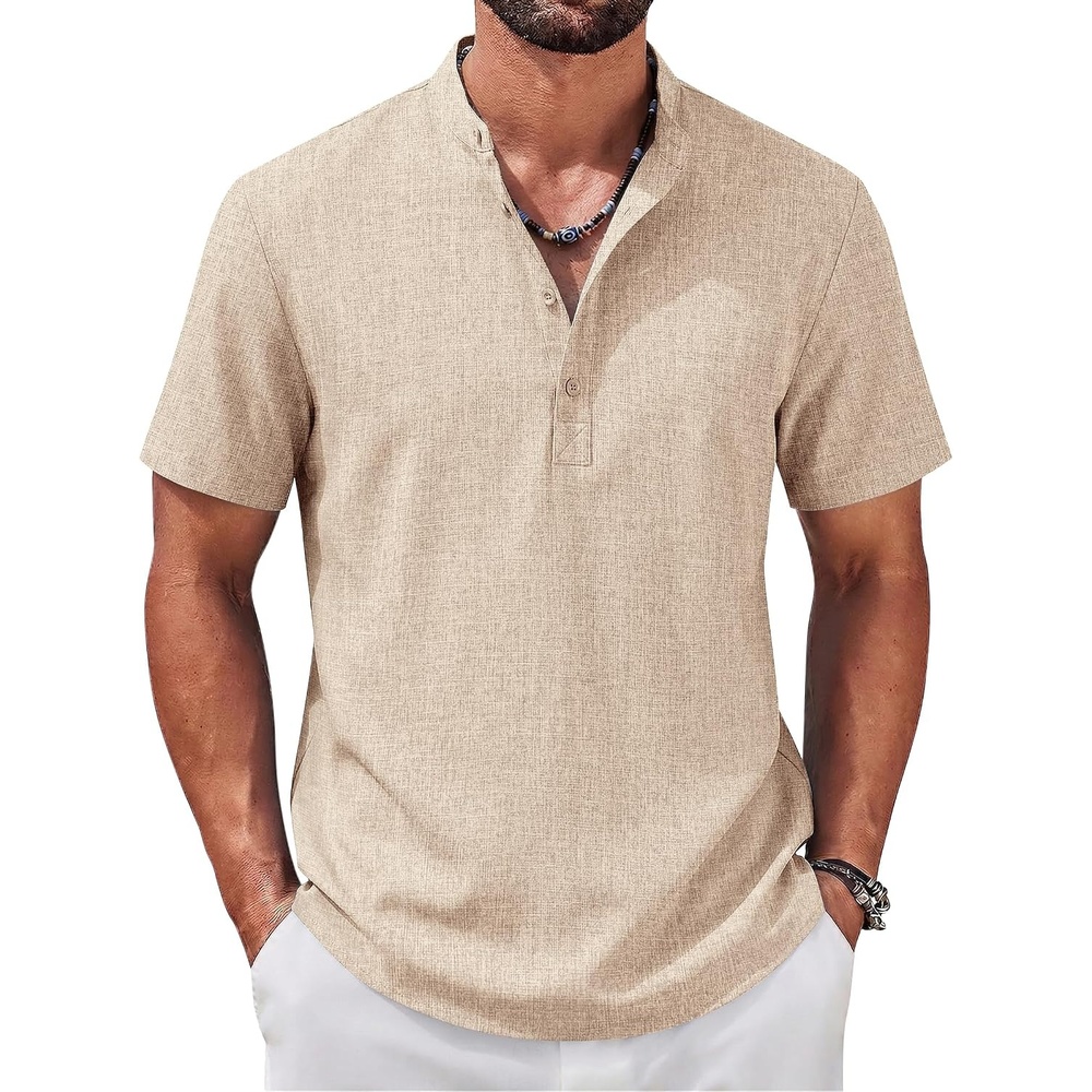 image:imageCOOFANDY Mens Casual Henley Shirt Band Collar Short Sleeve Shirt for Mens Summer Beach TShirts VacationLight Brown