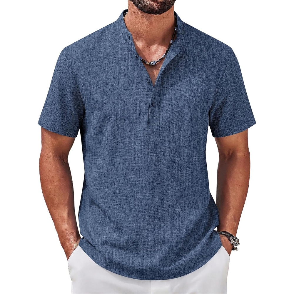 image:imageCOOFANDY Mens Casual Henley Shirt Band Collar Short Sleeve Shirt for Mens Summer Beach TShirts VacationNavy Blue