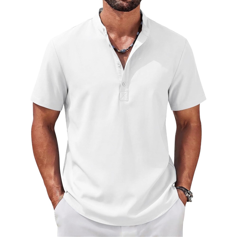 image:imageCOOFANDY Mens Casual Henley Shirt Band Collar Short Sleeve Shirt for Mens Summer Beach TShirts VacationWhite