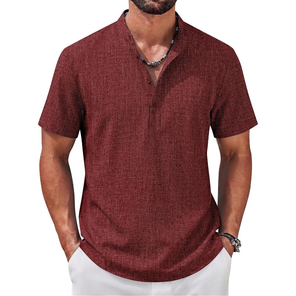 image:imageCOOFANDY Mens Casual Henley Shirt Band Collar Short Sleeve Shirt for Mens Summer Beach TShirts VacationWine Red