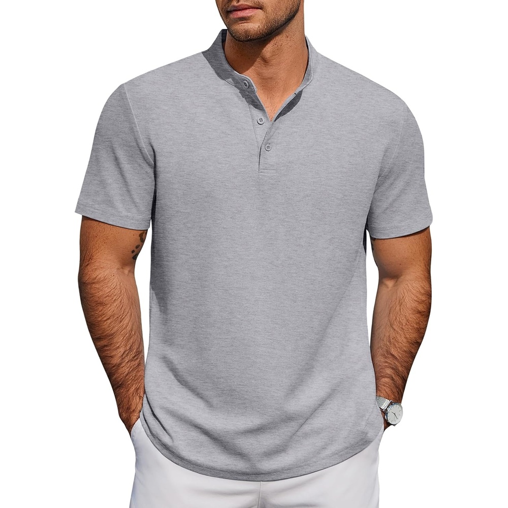 image:imageCOOFANDY Mens Casual Henley Shirt Short Sleeve Cotton Pique Band Collar Shirt Summer Button Basic Tee ShirtsLight Grey