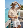 COOFANDY Men’s Casual Henley Shirt Band Collar Short Sleeve Shirt for Mens Summer Beach T-Shirts Vacation(Light Brown)