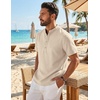 COOFANDY Men’s Casual Henley Shirt Band Collar Short Sleeve Shirt for Mens Summer Beach T-Shirts Vacation(Light Brown)