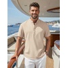 COOFANDY Men’s Casual Henley Shirt Band Collar Short Sleeve Shirt for Mens Summer Beach T-Shirts Vacation(Light Brown)