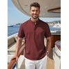 COOFANDY Men’s Casual Henley Shirt Band Collar Short Sleeve Shirt for Mens Summer Beach T-Shirts Vacation(Wine Red)