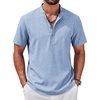 COOFANDY Men’s Casual Henley Shirt Band Collar Short Sleeve Shirt for Mens Summer Beach T-Shirts Vacation(Light Blue)