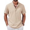 COOFANDY Men’s Casual Henley Shirt Band Collar Short Sleeve Shirt for Mens Summer Beach T-Shirts Vacation(Light Brown)