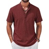 COOFANDY Men’s Casual Henley Shirt Band Collar Short Sleeve Shirt for Mens Summer Beach T-Shirts Vacation(Wine Red)