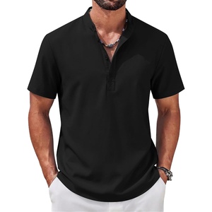 COOFANDY Men’s Casual Henley Shirt Band Collar Short Sleeve Shirt for Mens Summer Beach T-Shirts Vacation(Black)